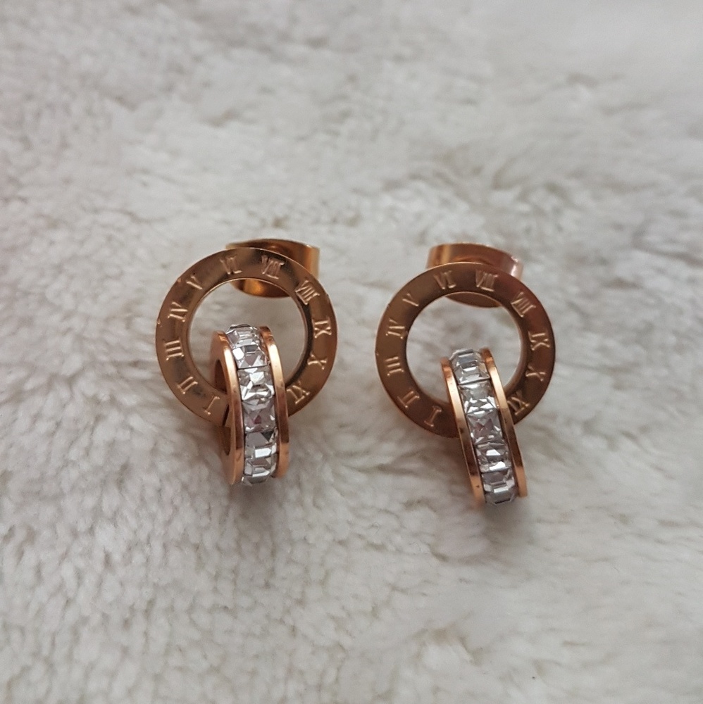 Rose Gold Roman Numeral Rhinestone Stud Earrings